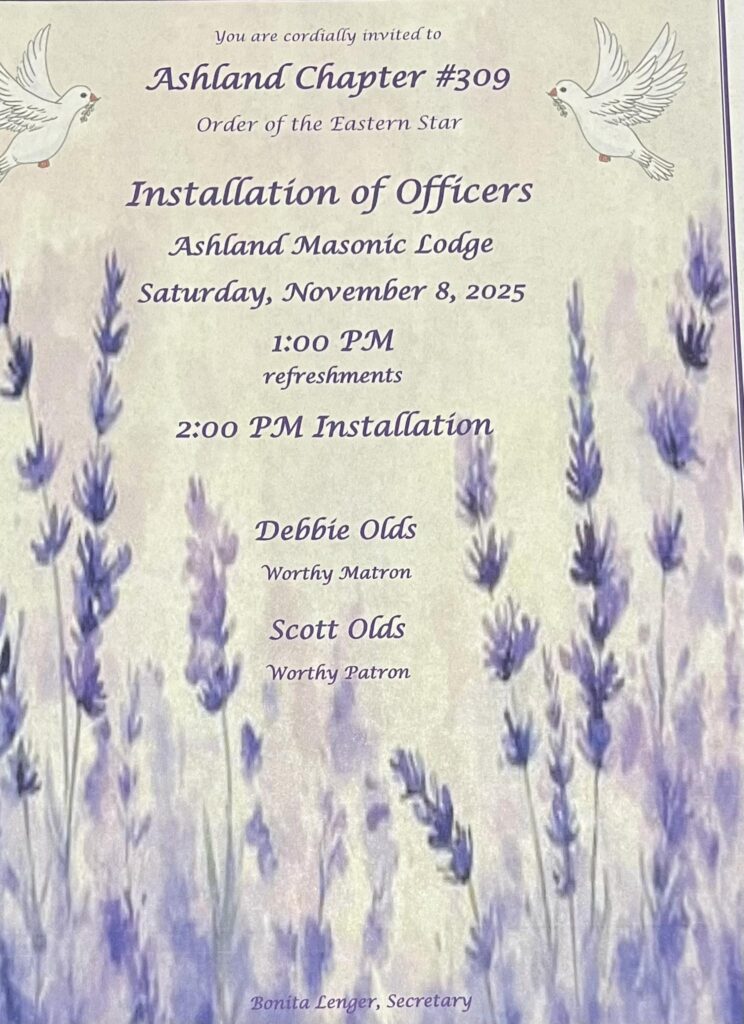 Postponed Installation of Officers Ashland Chapter #309